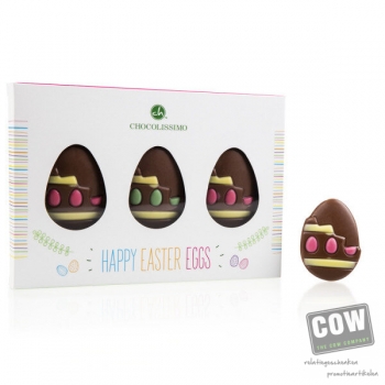 Afbeelding van relatiegeschenk:Easter Goodies - 3 chocolade ei figuurtjes Chocolade paasfiguurtjes